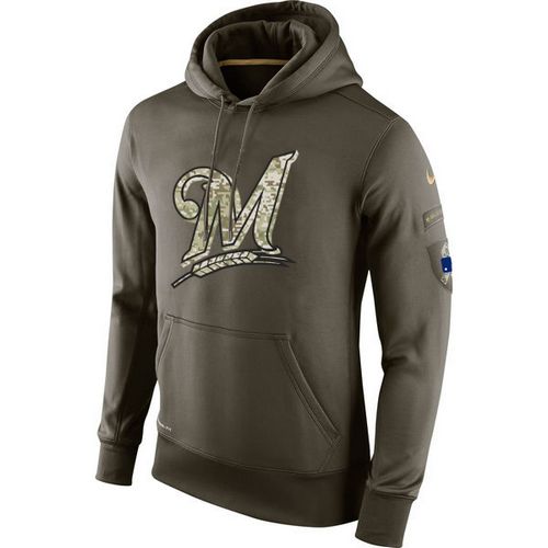 Men's Milwaukee Brewers Nike Olive Salute To Service KO Performance Hoodie - Click Image to Close